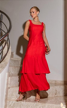 Vestido Midi Alfaiataria Decote Quadrado Alças Largas