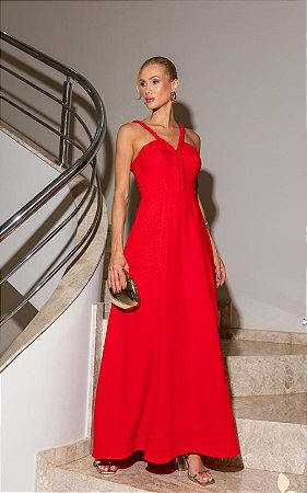 Vestido Midi Alfaiataria Decote V Alças Trançadas