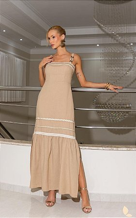 Vestido Midi Alfaiataria Decote Quadrado e Fenda Lateral