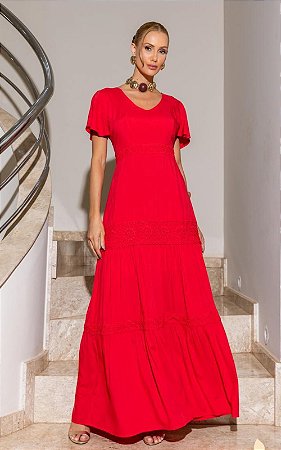 Vestido Midi Viscose Decote V Manga Curta