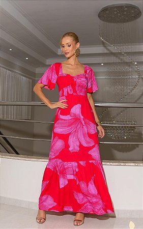 Vestido Midi Em Viscose Estampado Decote Coração