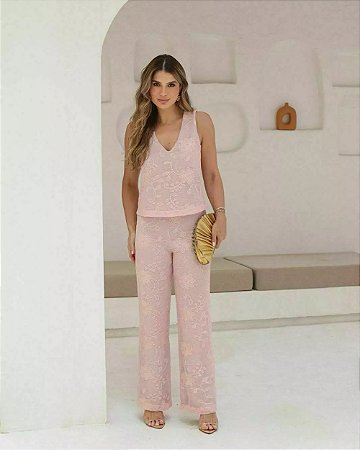 Calça Reta Em Tela Bordada Doce Flor