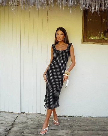 Vestido Midi Em Crepe Poá Babados Doce Flor