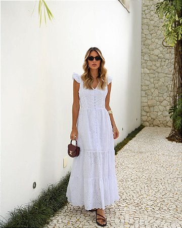 Vestido Midi Em Laise Decote V e Botões Milalai