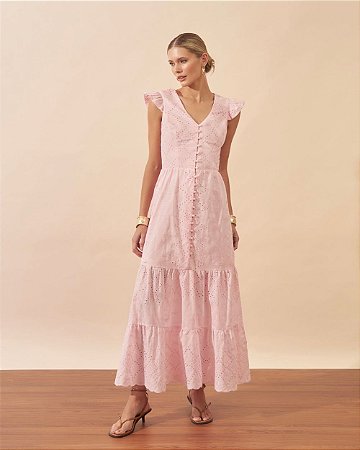 Vestido Midi Em Laise Decote V e Botões Milalai