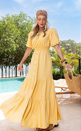 Vestido Midi Em Viscose Com Lastex Cintura