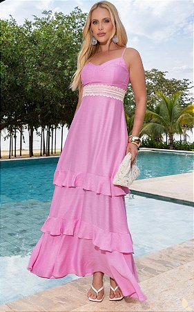 Vestido Midi Viscose Decote Coração e Babados