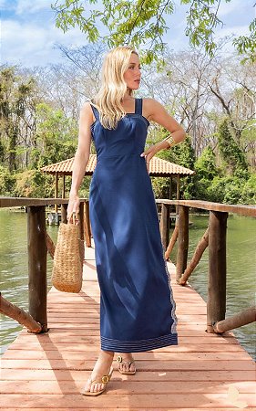 Vestido Midi Alfaiataria Decote Quadrado Pespontado