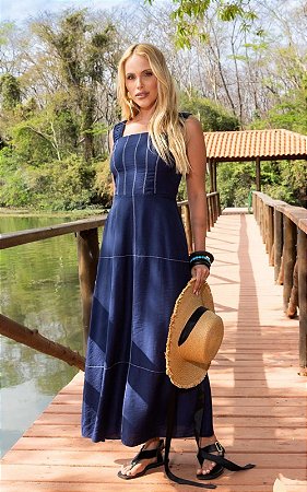 Vestido Midi Alfaiataria Pespontado Alças Largas Franzida