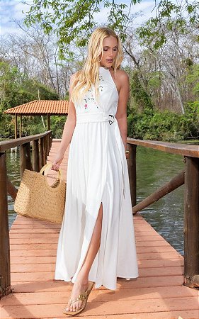 Vestido Midi Linho Bordado Com Fenda Frontal