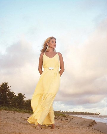 Vestido Longo Alfaiataria E Cinto Dourado Donna Ritz