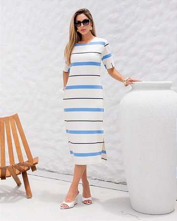 Vestido Midi Listras Mangas Curtas E Fenda Lateral