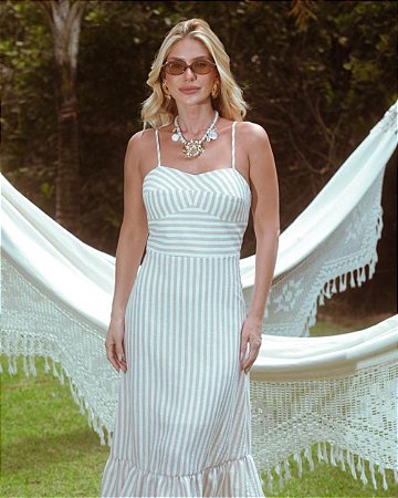 Vestido Midi Linen Listrado Com Lastex Donna Ritz