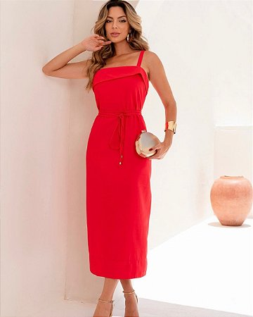 Vestido Midi Em Alfaiataria Alça Decote Reto