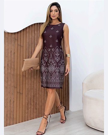 Vestido Tubinho Cavado Decote Redondo Arabesco