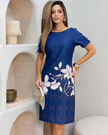 Vestido Tubinho Manga Curta Estampa Floral