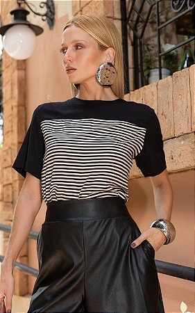 Blusa Em Viscose Tricoline Com Listras e Mangas