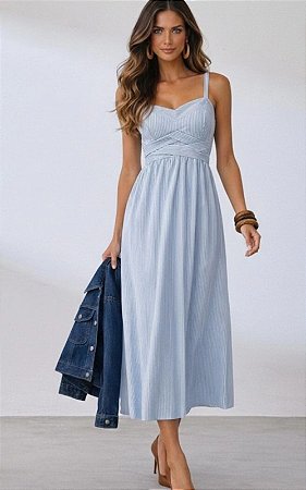 Vestido Midi Tricoline Listrado Com Lastex Costas