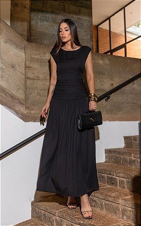 Vestido Midi Em Viscose Com Franzido Na Cintura