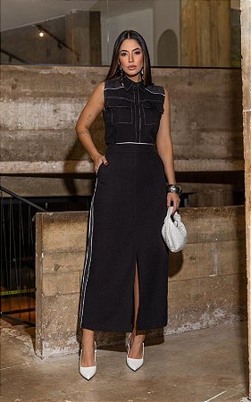 Saia Em Viscose Com Pesponto E Bolsos Faca