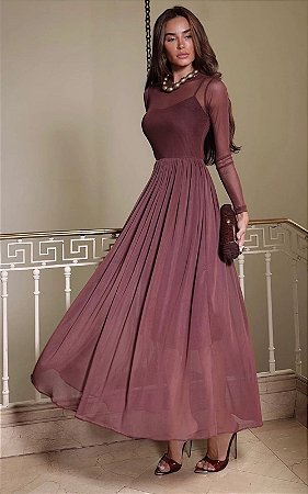 Vestido Midi Tule Com Manga Longa