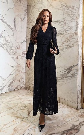 Vestido Midi Renda Manga Longa