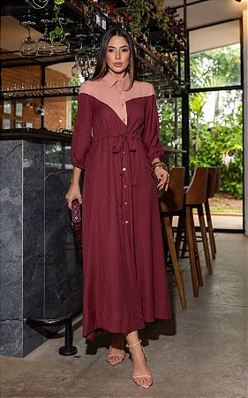 Vestido Chemise Em Viscose Bicolor e Botões