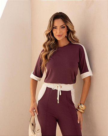 Conjunto Moletinho Blusa Manga Curta E Calça Bicolor
