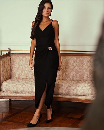 Vestido Midi Linho Com Aviamento Pedra Donna Ritz