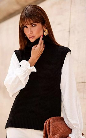 Tricot Colete Manga Longa Poá