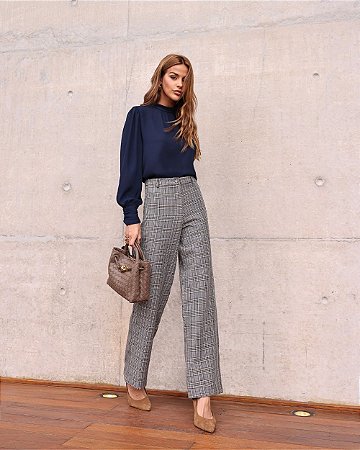 Calça Reta Xadrez Doce Flor