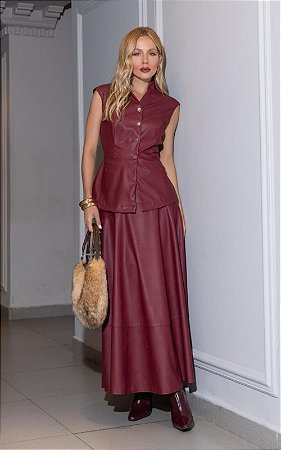 Saia Midi Evasê Couro Fake