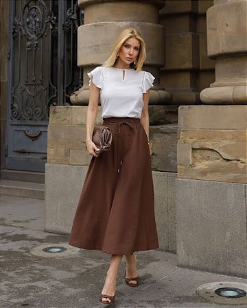 Saia Midi Evase Alfaiataria Com Elástico Cintura