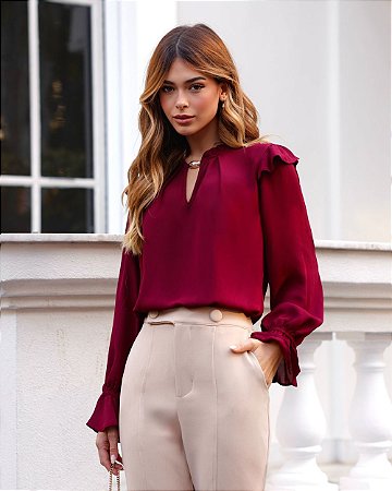 Blusa Crepe Com Gola Alta e Babados Milalai