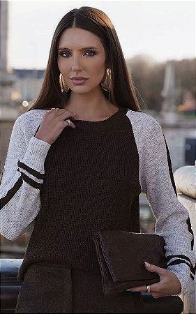 Blusa Tricot Bicolor Gola Redonda