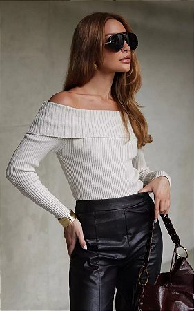 Blusa Malha Tricot Canelado Ombro a Ombro