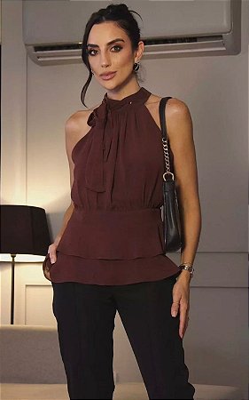 Blusa Em Crepe Com Peplum Decote Amarração