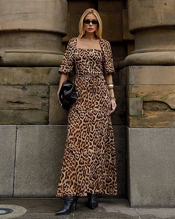 Vestido Midi Em Viscose Decote Quadrado