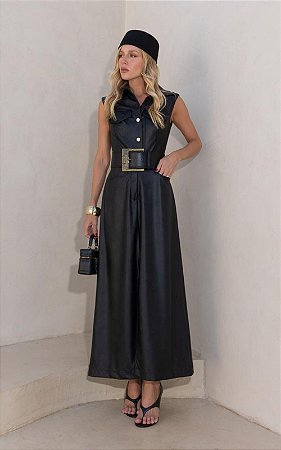 Vestido Midi Em Couro Sintético Com Lapela e Fenda