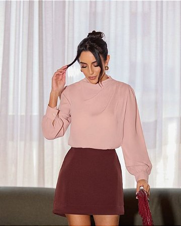 Blusa Crepe Manga Longa Drapeado Ombro Milalai