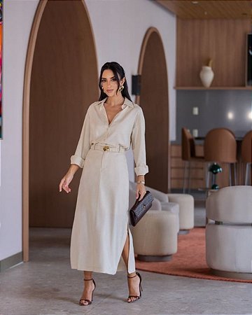 Saia Midi Reta Viscolinho Fenda Lateral E Cinto Milalai