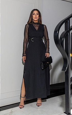 Vestido Midi Alfaiataria Decote V e Fenda Lateral