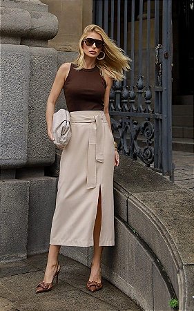 Saia Midi Em Alfaiataria Com Amarração