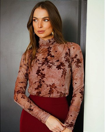 Blusa Manga Longa Em Tule Flocado Estampado Donna Ritz