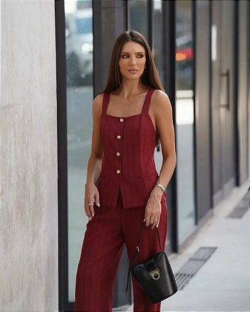 Colete Botão Dourado Risca De Giz Doce Flor