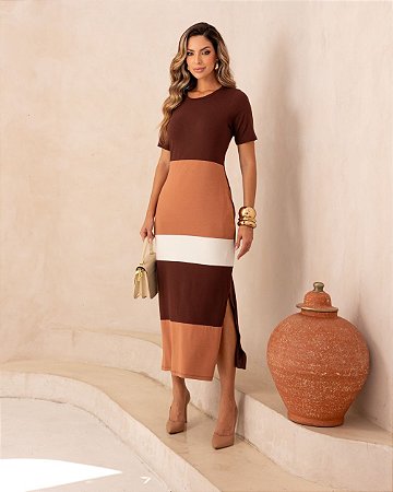 Vestido Midi Moletinho Tricolor Com Bolso