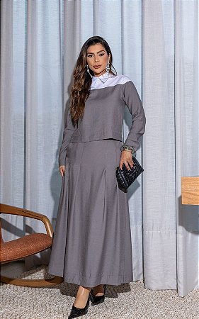 Saia Midi Evase Em Alfaiataria Com Pregas