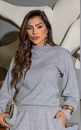 Blusa Em Tricot Decote Em V Canelado Manga Longa