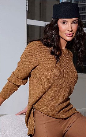 Blusa Em Tricot Decote Redondo Zíper Lateral