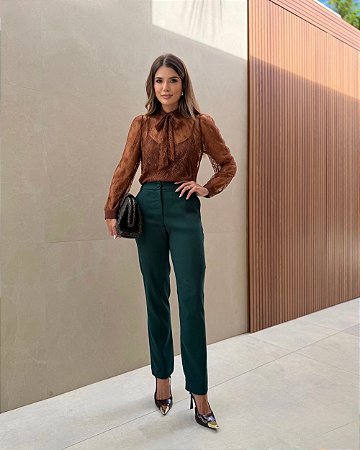 Calça Alfaiataria Twill Com Botão Forrado Doce Flor